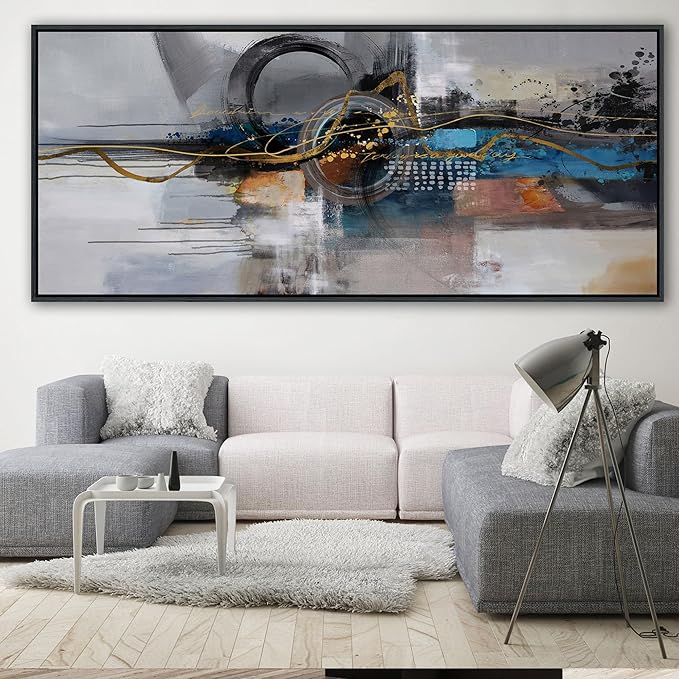 XLSJERST Large Abstract Frame Wall Art - Black and Blue Cnavas Framed Artwork for Walls Modern Minimalist Boho Gray Pictures Wall Decor for Living Room Bedroom Office Home Decoration 86x39 Inches