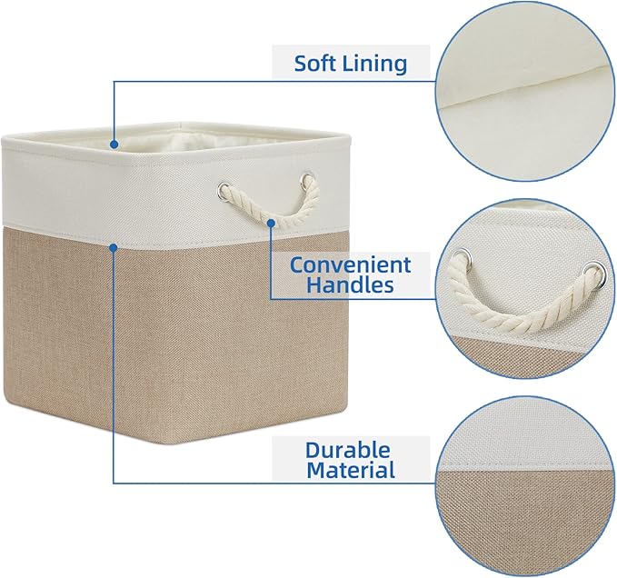 Temary Cube Storage Baskets 4 Pack 13x13 Fabric Cube Storage Bins for Clothes, Large Baskets Boxes with Handles, Canvas Basket for Organizing Towels, Collapsible Storage Bins (White&&Khaki)