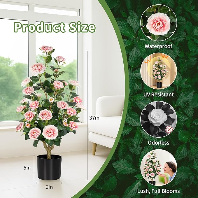 [2-Pack] 37’’ Artificial Camellia Tree with White Flowers, Faux Potted Plant for Indoor & Outdoor Decor, Lifelike Greenery for Home, Office, Porch, or Patio (Pink)