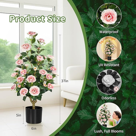 [2-Pack] 37’’ Artificial Camellia Tree with White Flowers, Faux Potted Plant for Indoor & Outdoor Decor, Lifelike Greenery for Home, Office, Porch, or Patio (Pink)