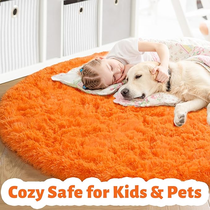 Amdrebio Orange Round Circle Rug 5Ft for Bedroom Living Room, Fluffy Fuzzy Shaggy Area Rugs for Kids Room Decor Aesthetic, Cute Furry Plush Shag Carpet for Baby Nursery Dorm Playroom, Teen Girls Boys