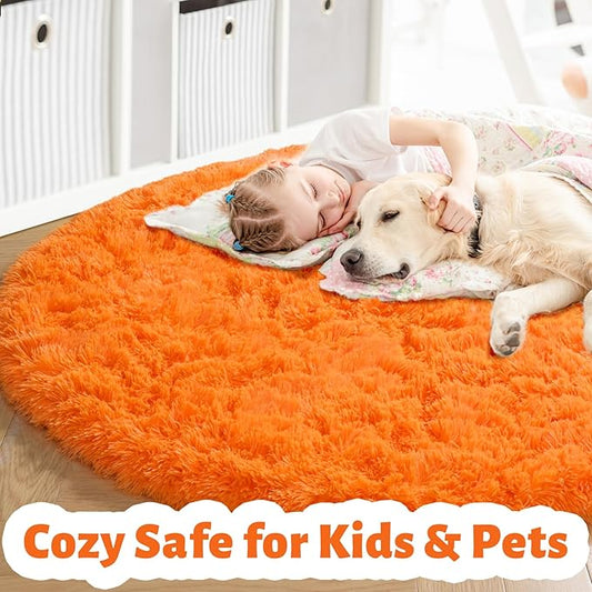 Amdrebio Orange Round Circle Rug 4Ft for Bedroom Living Room, Fluffy Fuzzy Area Rugs for Kids Room Decor Aesthetic, Cute Furry Plush Shag Carpet for Toddler Teen Girls Boys Baby Nursery Dorm Playroom