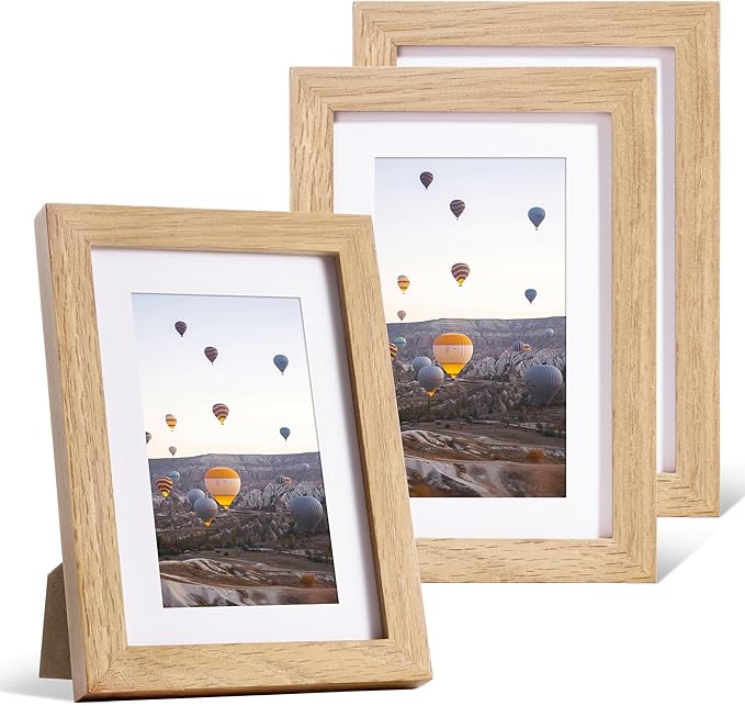 Marsmiles 4x6 Wooden Picture Frame, USA-Sourced Natural Oak Solid Wood Photo Frame with Plexiglass for Display Pictures 3x5 with Mat or 4x6 without Mat, Natural, 3 Pack