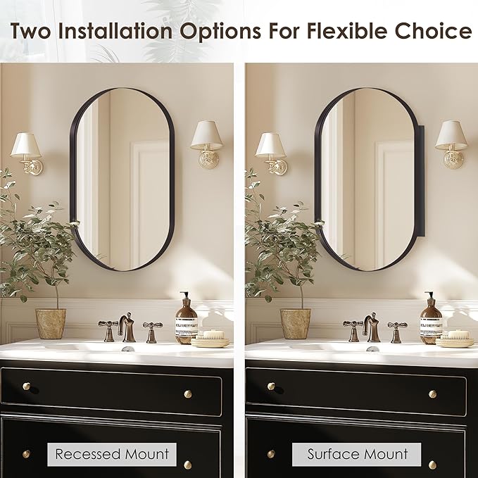 SogesHome Medicine Cabinet with Mirror, 21x34 Oval Mirror Cabinet, Wall Mount Recess Bathroom Vanity Mirror with Storage with 2 Shelves, Perfect for Bathroom, Black