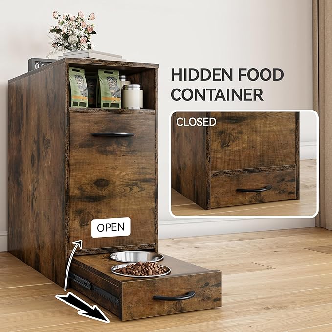 YITAHOME Dog Feeding Station with Storage, Dog Food Cabinet with 2 Feeder Bowls, Pull Out Elevated Dog Bowl, Brown