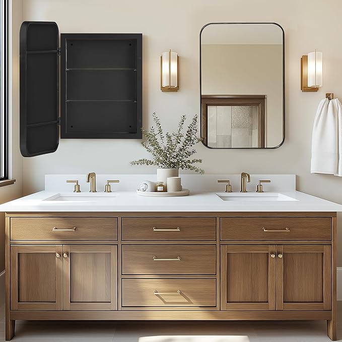 SogesHome Bathroom Medicine Cabinet with Mirror, 16"x24" Black Medicine Cabinet, Stainless Steel Frame and 2 Shelves, Wall Mounted Vanity Mirror Storage Cabinet for Bathroom