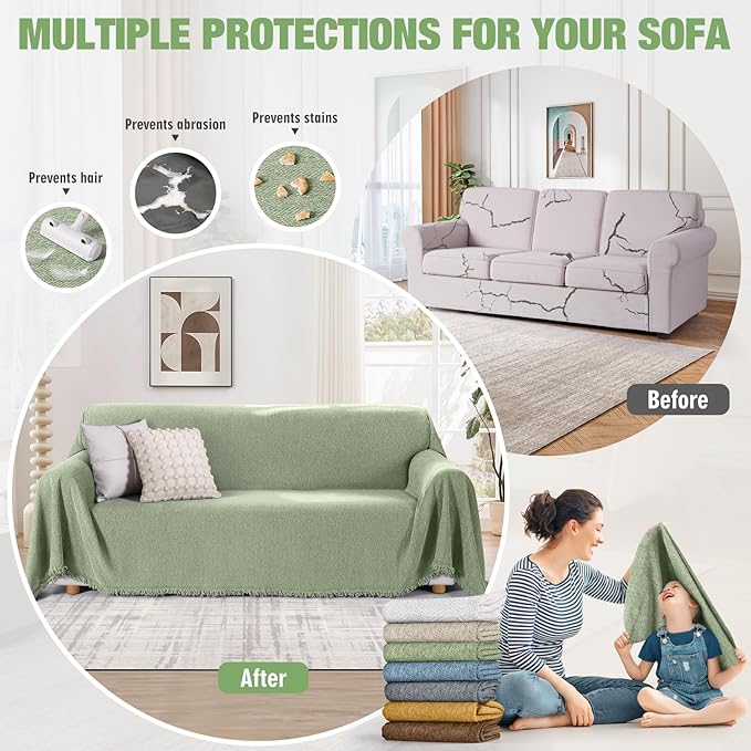 KinCam Couch Covers for 3-4 Cushion Couch Sofa Cover Washable Sectional Couch Cover for Dogs Tassel Sofa Blanket Cover Pet Friendly Soft and Durable for Most Furniture(71" x 150", Light Green)