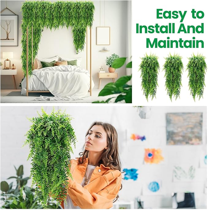 Geosar 42 Pcs Artificial Hanging Plants 32 Inch Hanging Boston Ferns Plastic Fake Plants for Wall Room Garden Wedding Garland Indoor Outdoor Decoration, No Basket
