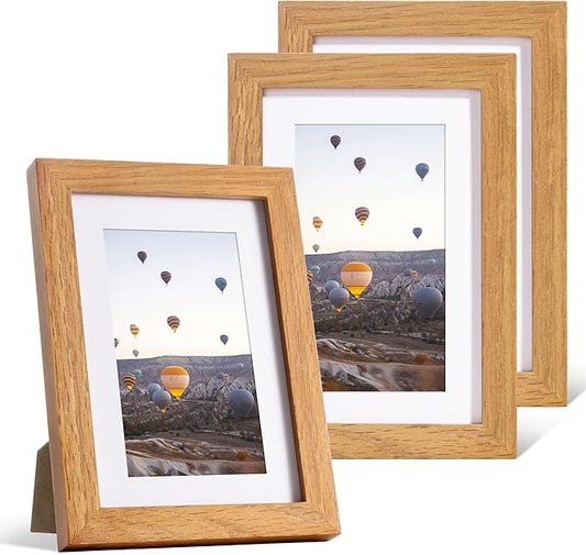 Marsmiles 4x6 Wooden Picture Frame, USA-Sourced Natural Oak Solid Wood Photo Frame with Plexiglass for Display Pictures 3x5 with Mat or 4x6 without Mat, Teak, 3 Pack