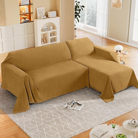 KinCam Couch Covers for 3-4 Cushion Couch Sofa Cover Washable Sectional Couch Cover for Dogs Tassel Sofa Blanket Cover Pet Friendly Soft and Durable for Most Furniture(71" x 150", Mustard Yellow)