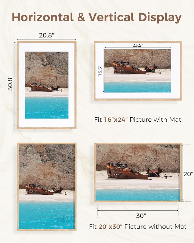 Marsmiles 20x30 Wooden Picture Frame, USA-Sourced Natural Oak Solid Wood Photo Frame with Real Glass for Display Pictures 16x24 with Mat or 20x30 without Mat, Natural, 1 Pack