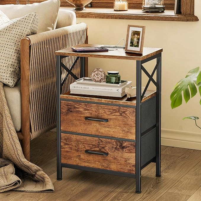 Huuger Night Stand with Charger Station, 2 Drawer Nightstand with Open Shelf, Bed Side Table with USB-C Port, End Table, Compact Size for Small Spaces, X Shaped Side Rail, Rustic Brown