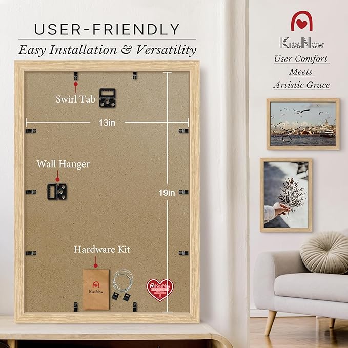 13x19 Picture Frame set of 2, Natural Oak Wood Poster Frame, Wall Hanging