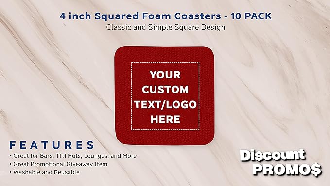 10 Squared Foam Coasters Pack, 4 inch - Customizable Text, Logo - PU Foam, Foldable - Red