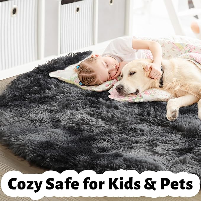 Amdrebio Tie-Dyed Dark Grey Round Area Rugs for Living Room, 6x6 Rug, Soft Thick Large Circle Rug for Bedroom, Big Shag Fluffy Fuzzy Carpet for Mens Boys Kids Room, Modern Cool Floor Circular Rug