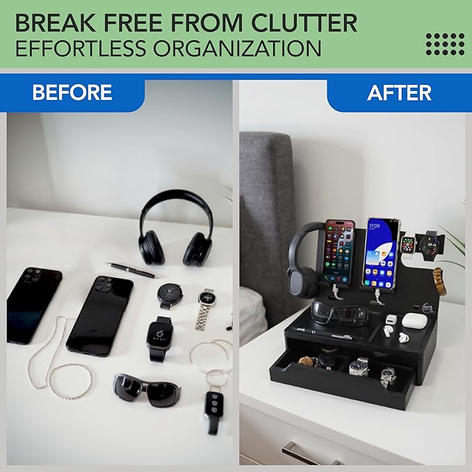 Nightstand Organizer with Drawer- Wood Phone Docking Station- Desk Organizer for Two Phones or Tablet, Watches, Headphone & Accessories- Unique Gifts for Men, Dad or Son (Black)