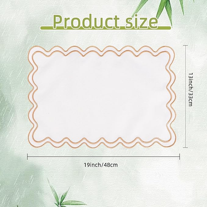 Set of 6 Cotton Linen Placemats, 13''x 19'' Wavy Embroidery Scalloped Placemats Washable Rustic Dinner Waterproof Table Mats (Khaki)
