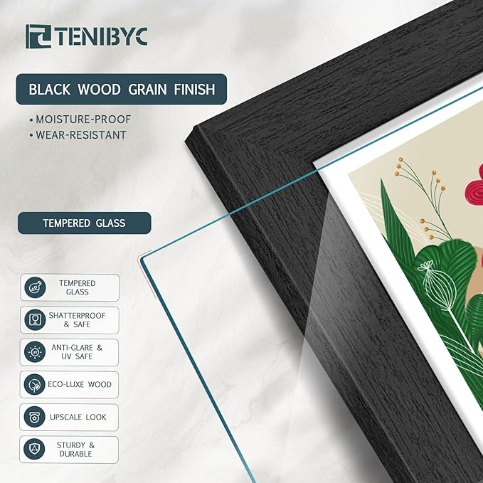 13x19 Picture Frame 4 Pack, Textured Elegant Black Wood & HD Tempered Glass, Gallery Poster Frame - Wall Hanging