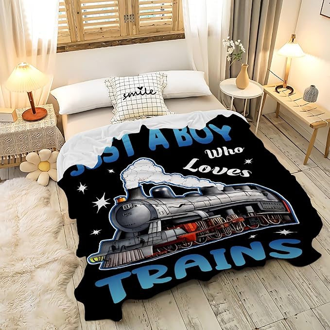 Boy Who Loves Trains Blanket Soft Blankets and Throws Flannel Cozy Lightweight Quilt Gift for Train Lovers for Bed Sofa Couch-120x90 Inches
