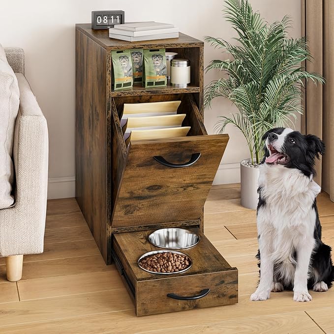 YITAHOME Dog Feeding Station with Storage, Dog Food Cabinet with 2 Feeder Bowls, Pull Out Elevated Dog Bowl, Brown