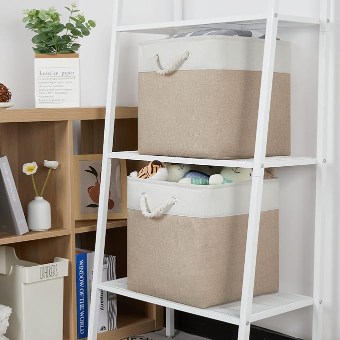 Temary Cube Storage Baskets 4 Pack 13x13 Fabric Cube Storage Bins for Clothes, Large Baskets Boxes with Handles, Canvas Basket for Organizing Towels, Collapsible Storage Bins (White&&Khaki)