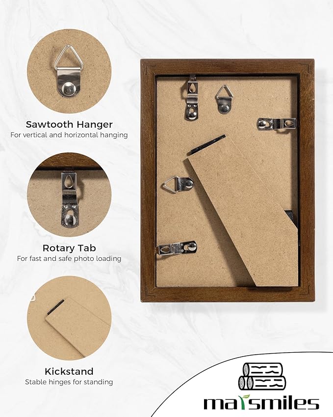 Marsmiles 4x6 Wooden Picture Frame, USA-Sourced Natural Oak Solid Wood Photo Frame with Plexiglass for Display Pictures 3x5 with Mat or 4x6 without Mat, Walnut, 3 Pack