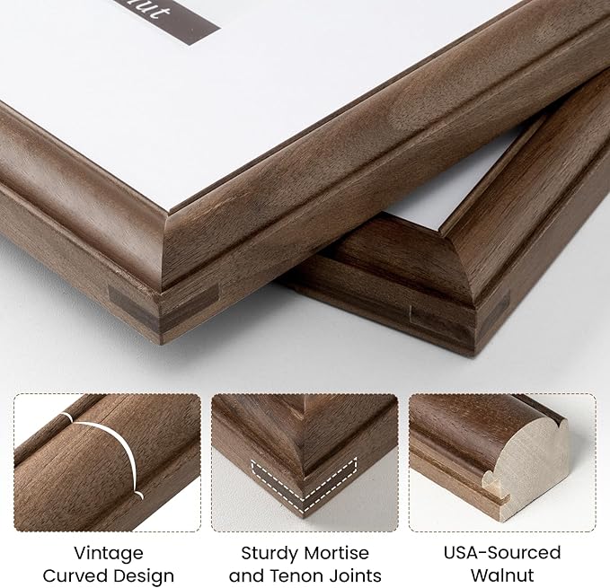 16x20 Picture Frame, USA-Sourced Walnut Wood Poster Frame with Tempered Glass, Display 11x14 with Mat, 16 by 20 Photo Frame for Vertical & Horizontal Display, Handcrafted Wood Frame, 1 Pack