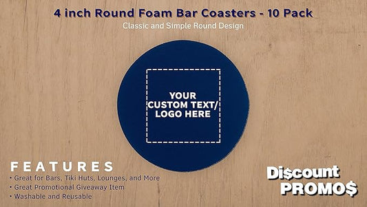 10 Round Foam Bud Coasters Pack, 4 inch - Customizable Text, Logo - PU Foam, Party Favor - Navy Blue