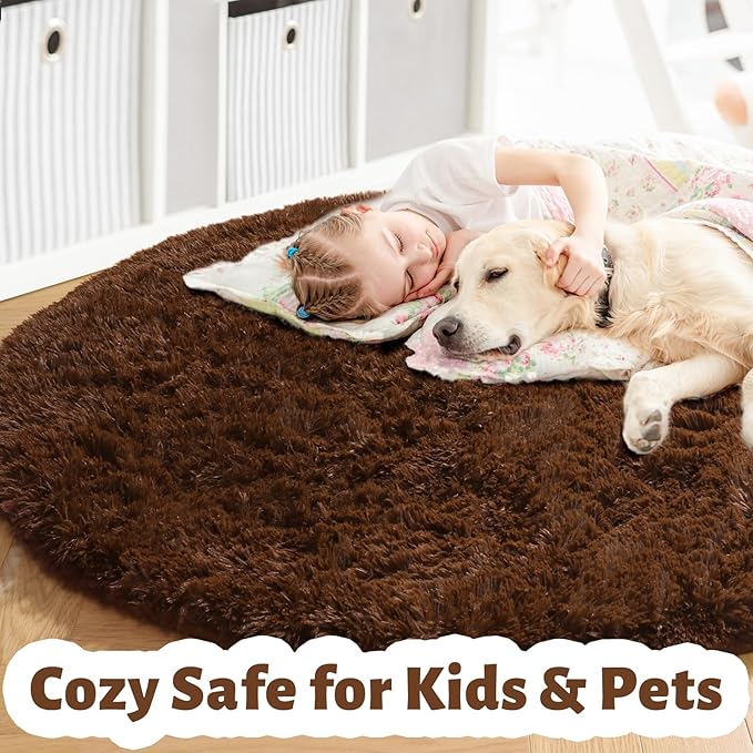Amdrebio Dark Brown Round Circle Rugs 5Ft for Bedroom, Fluffy Shag Plush Area Rugs for Kids Room, Living Room Decor Aesthetic, Fuzzy Fur Floor Chocolate Coffee Carpet for Playroom Dorm Baby Nursery