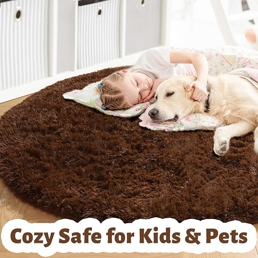 Amdrebio Dark Brown Round Circle Rugs 5Ft for Bedroom, Fluffy Shag Plush Area Rugs for Kids Room, Living Room Decor Aesthetic, Fuzzy Fur Floor Chocolate Coffee Carpet for Playroom Dorm Baby Nursery