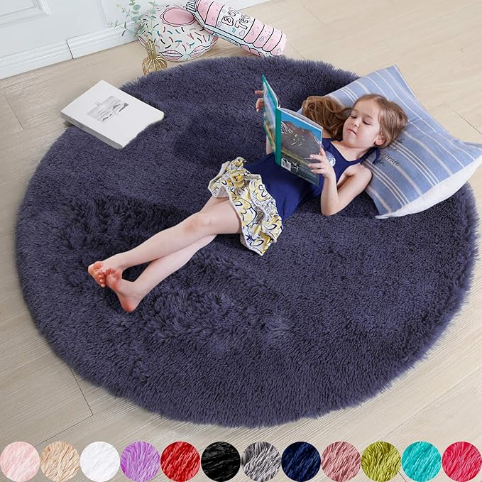 Purple Gray Round Rugs 5Ft for Bedroom Decor Aesthetic, Fluffy Fuzzy Circle Area Rug for Teen Boys, Baby Kids Playroom, Shaggy Fur Carpet for Living Room, Home Office, Nursery, Preppy Dorm, Classroom
