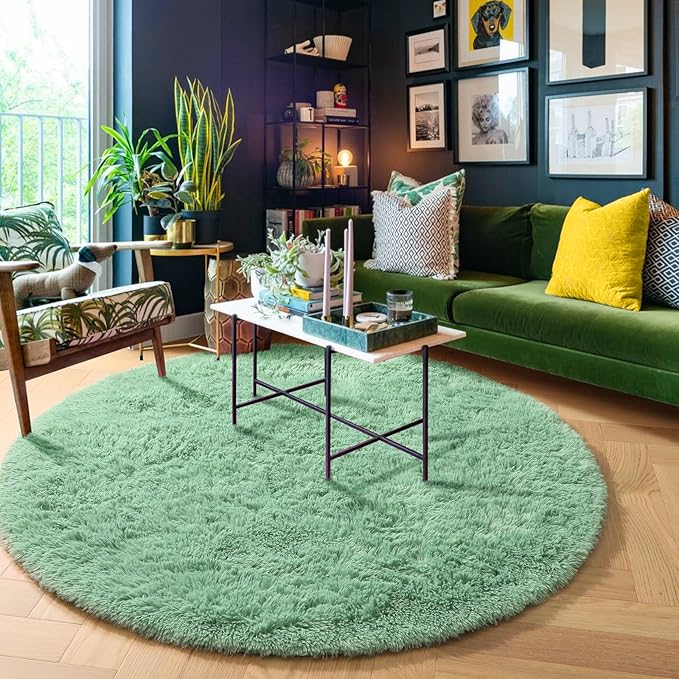 Amdrebio Sage Green Round Rug 6Ft for Living Room Bedroom, Fluffy Furry Circle Rugs for Nursery, Classroom, Baby Kids Room Decor, Cute Shaggy Area Rug for Teen Boys, Fuzzy Plush Light Mint Carpet