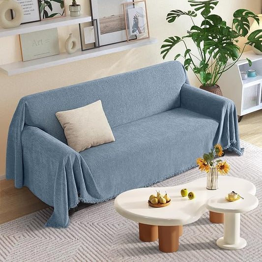 KinCam Couch Covers for 3-4 Cushion Couch Sofa Cover Washable Sectional Couch Cover for Dogs Tassel Sofa Blanket Cover Pet Friendly Soft and Durable for Most Furniture(71" x 150", Blue)