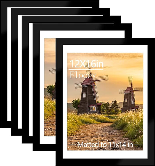 12x16 Picture Frame 5 Pack, Black Poster Frame, Display Pictures 11 x 14 with Mat or 12 x 16 Without Mat for Horizontal or Vertical Wall Mounting, Wall Gallery Frame for Artwork Certificate
