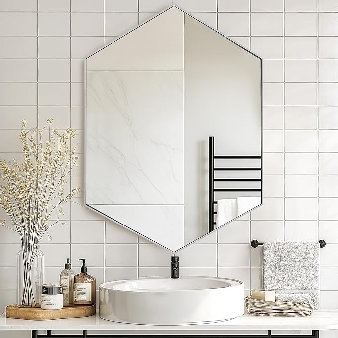 SogesHome Bathroom Medicine Cabinet with Mirror, Hexagon Mirror with 3-Tier Cabinet, Stainless Steel Frame and 2 Shelves for Bathroom, Bedroom, Entryway, Silver