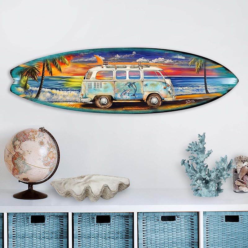 36-inch VW Surf Van at the Beach Wall Art, Handcrafted Coastal Holiday Décor by G. Debrekht