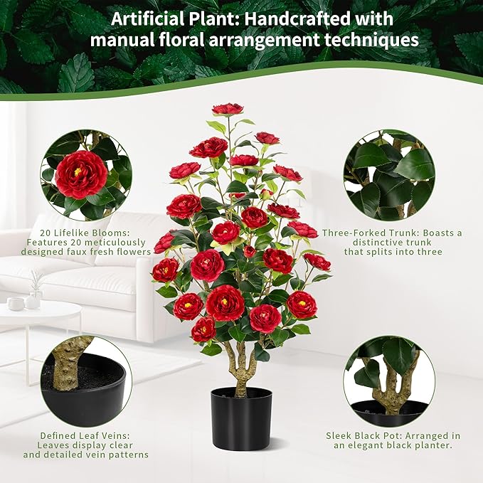 [2-Pack] 37’’ Artificial Camellia Tree with White Flowers, Faux Potted Plant for Indoor & Outdoor Decor, Lifelike Greenery for Home, Office, Porch, or Patio (Red)