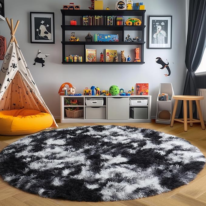Amdrebio Black White Grey Circle Rug 6Ft Round Area Rugs for Living Room Bedroom, Fluffy Fuzzy Shaggy Furry Rugs for Home Office Kids Room Dorm, Plush Modern Cool Floor Shag Carpet for Men Teen Boys