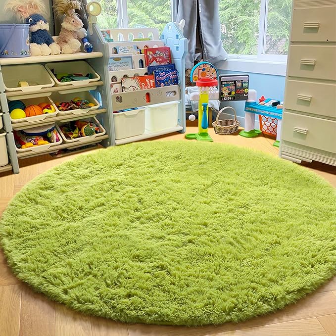 Amdrebio Grass Green Round Area Rug 7Ft for Living Room Bedroom Decor Aesthetic, Large Fluffy Shaggy Fuzzy Circle Rugs for Baby Nursery Kids Playroom, Big Soft Shag Floor Circular Modern Cool Carpet