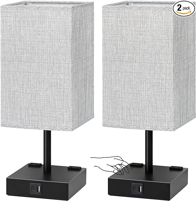 Bedside Table Lamps Set of 2 - Touch Nightstand Lamp for Bedroom with USB C+A Charging Ports & AC Outlets, 3-Way Dimmable Desk Lamp Grey Fabric Shade for Bedroom Living Room, Office(Bulb Included)
