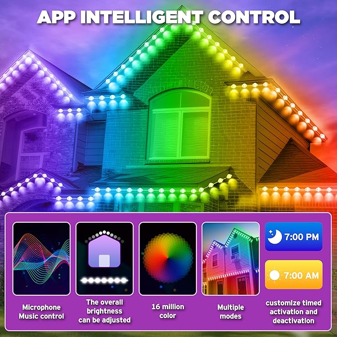 100FT Smart RGB Outdoor Lights - IP67 Waterproof LED Strip Lights with App/Remote Control, for Holiday Decor, Garden, Patio & Home Accent Lighting (Permanent Installation)