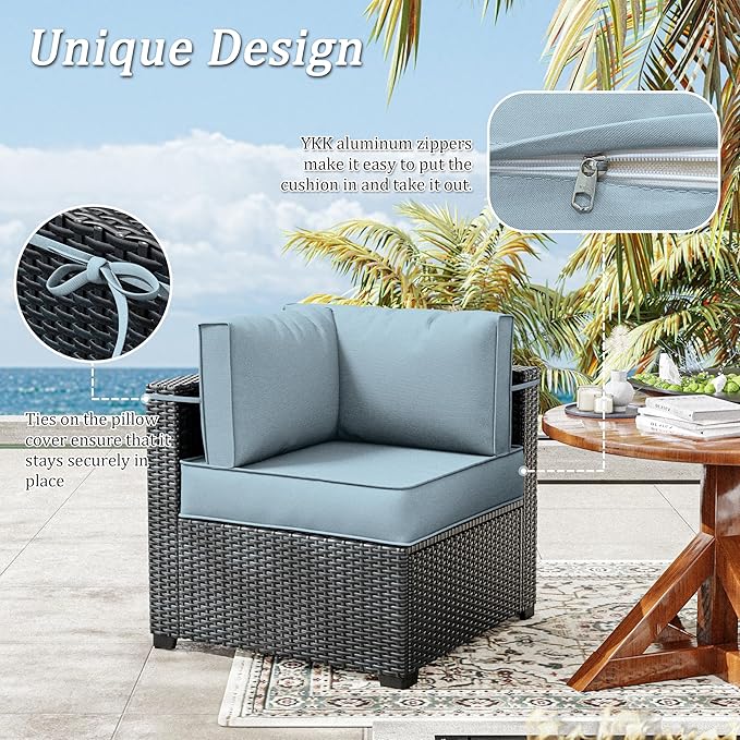 14 Pcs Outdoor Patio Cushion Covers - Replaceable Waterproof Furniture Cover With Zippers, Non-Slip for Couch, 3 Sizes (Light Blue)