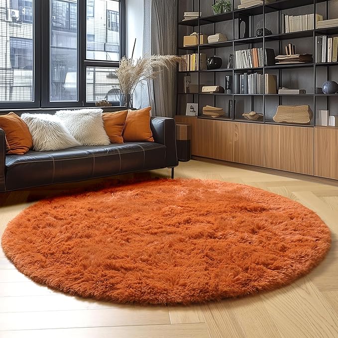 Amdrebio Burnt Orange Round Circle Rug 6Ft for Bedroom Living Room, Fluffy Shaggy Furry Fuzzy Area Rugs for Kids Room Decor Aesthetic, Large Plush Shag Dark Orange Carpet for Nursery Dorm Classroom