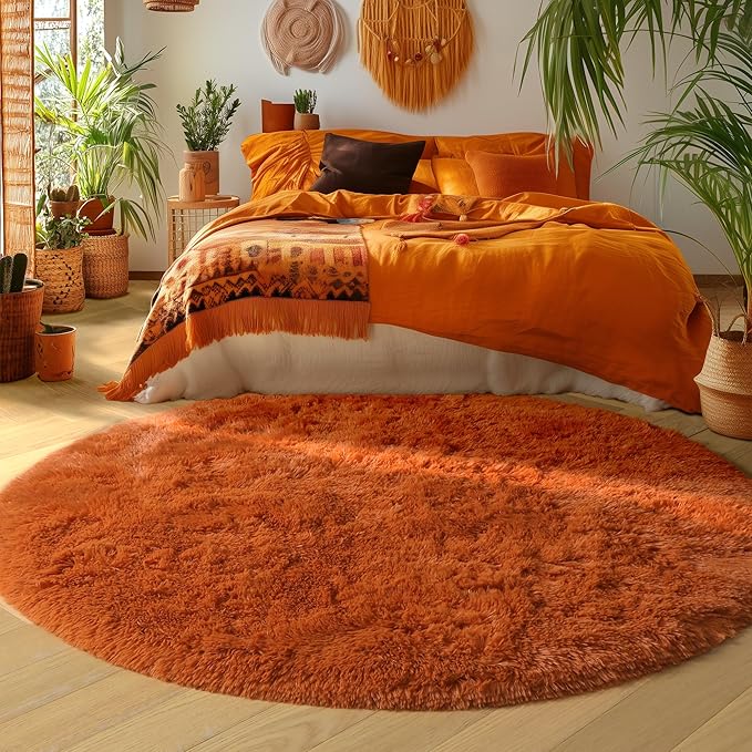 Amdrebio Burnt Orange Round Circle Rug 6Ft for Bedroom Living Room, Fluffy Shaggy Furry Fuzzy Area Rugs for Kids Room Decor Aesthetic, Large Plush Shag Dark Orange Carpet for Nursery Dorm Classroom