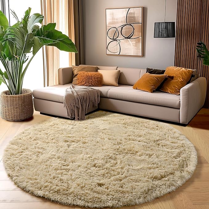 Amdrebio Beige Round Area Rugs 5Ft for Bedroom, Fluffy Plush Shag Furry Circle Rug for Kids Room, Living Room Decor Aesthetic, Fuzzy Circular Tan Neutral Carpet for Teens Baby Nursery Playroom Dorm