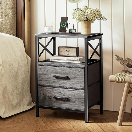 Huuger Night Stand with Charger Station, 2 Drawer Nightstand with Open Shelf, Bed Side Table with USB-C Port, End Table, Compact Size for Small Spaces, X Shaped Side Rail, Grey