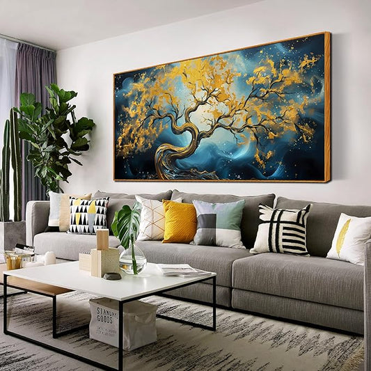 Gold Trees Canvas Painting Wall Art Living Room - Abstract Office Wall Art with Wooden Picture Frames Ready to Hang Size 29" x 59"