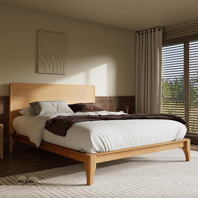 Merax King Size Bamboo Platform Bed, Mid-Century Modern Bed Frame with Tall Headboard, Solid Sustainable Bedframe King-Size, Wood Slat Support, No Box Spring Needed, Easy Assembly, Natural