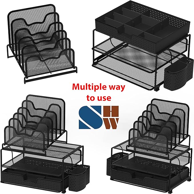 Simple Houseware Mesh Desk Organizer with Sliding Drawer, Double Tray and 5 Stacking Sorter Sections, Black