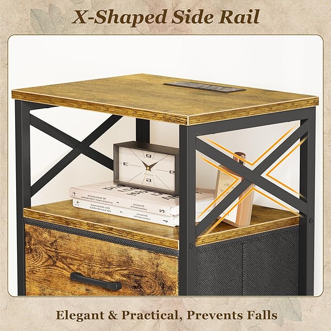 Huuger Night Stand with Charger Station, 2 Drawer Nightstand with Open Shelf, Bed Side Table with USB-C Port, End Table, Compact Size for Small Spaces, X Shaped Side Rail, Brown